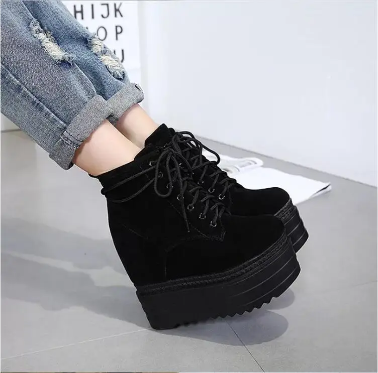 14CM wedge with women's boots increased matte ankle boots Martin boots lace short boots tide