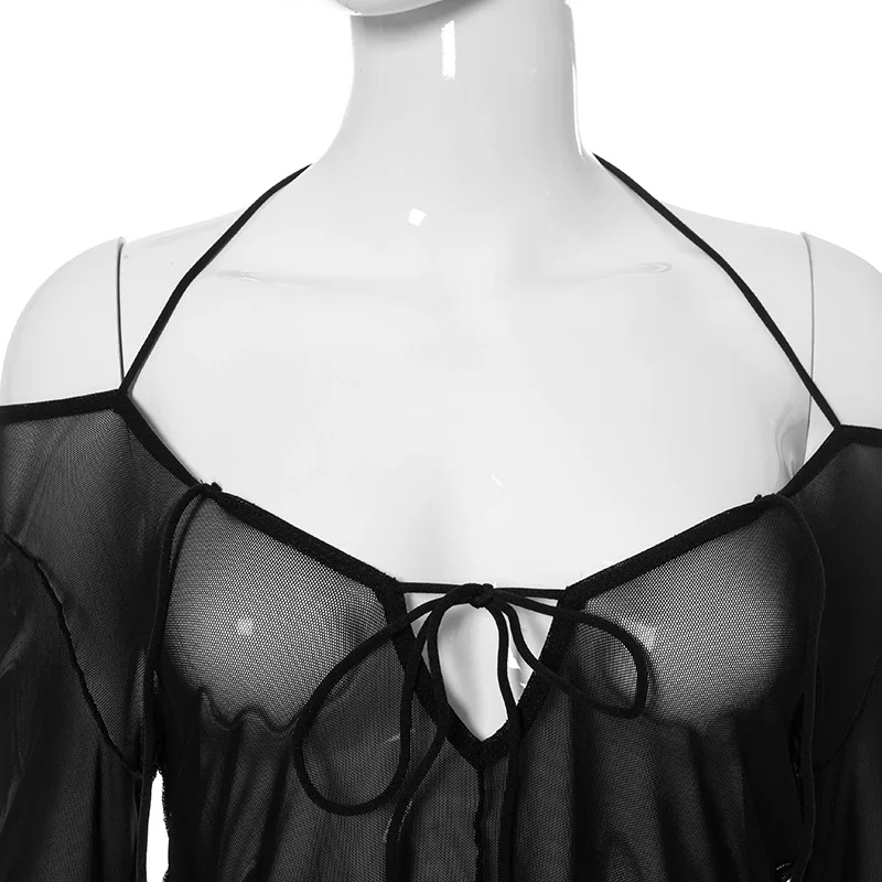 Goth Dark Y2k Punk Mesh See Through T-shirts Women Cyber Sexy Summer Halter Tops Lace Up Techwear Black Patchwork Split Clothes