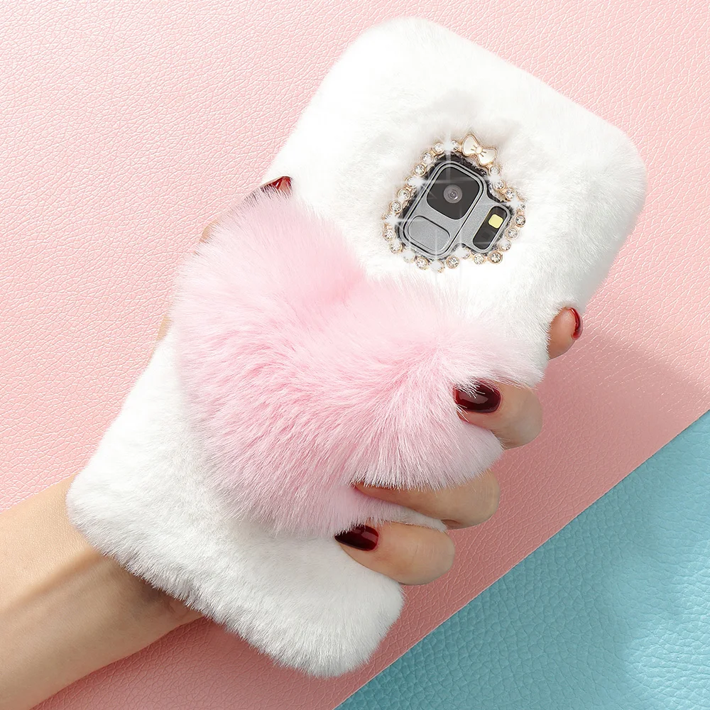 Pink white L-FADNUT милые плюшевые меховые Тапочки Пушистый чехол для телефона для samsung Galaxy S10 S9 плюс S8 Note9 S10e S7 край A8 J3 ЕС Силиконовый чехол - Цвет: Pink white