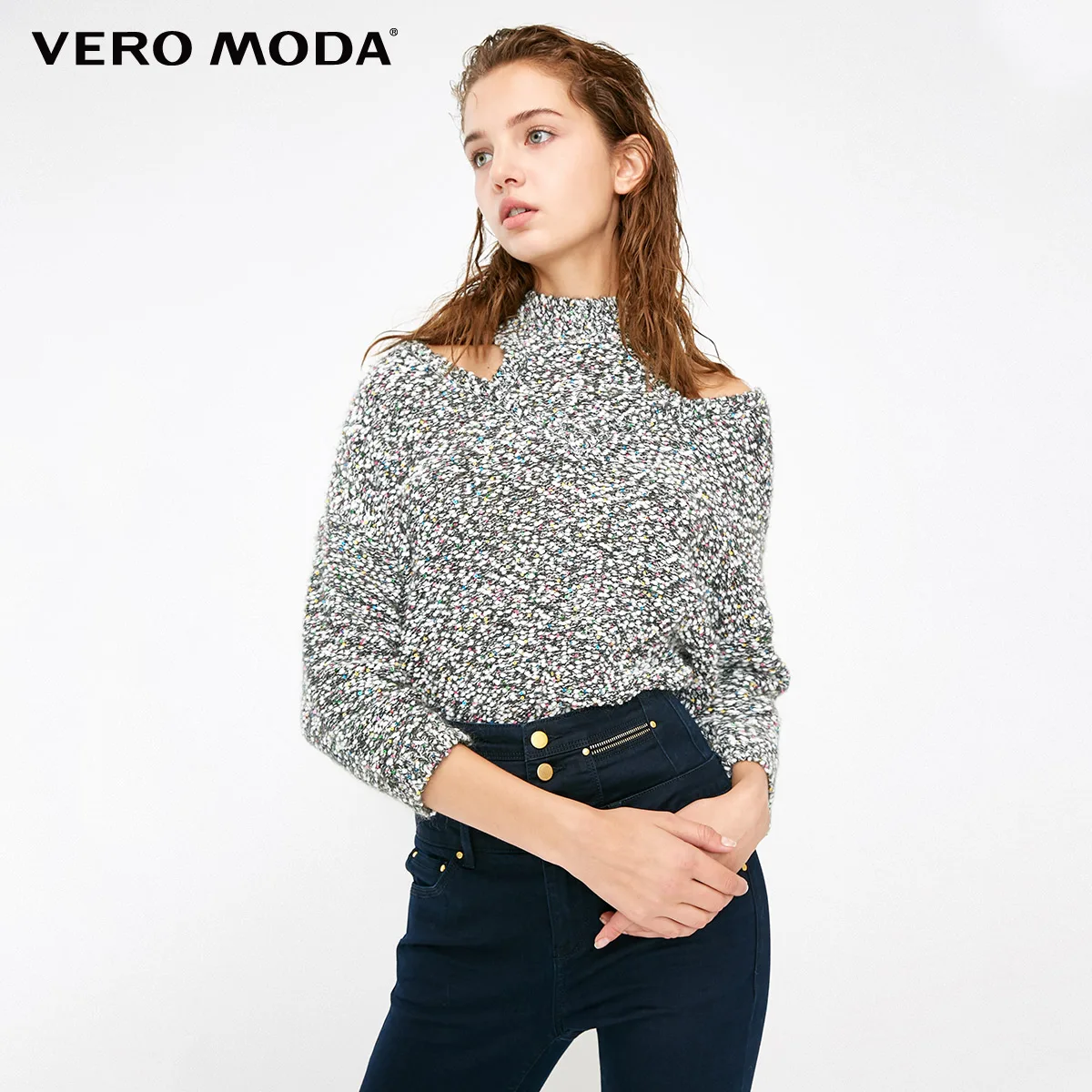 Black mel. Vero Moda женские блестки с открытыми плечами 3/4 рукавами трикотажные вечерние свитера | 318424515 - Цвет: Black mel.