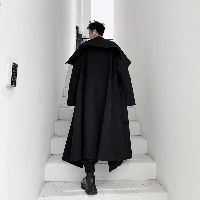 Men Big Collar Trench Coat Outerwear Japan Streetwear Dark 