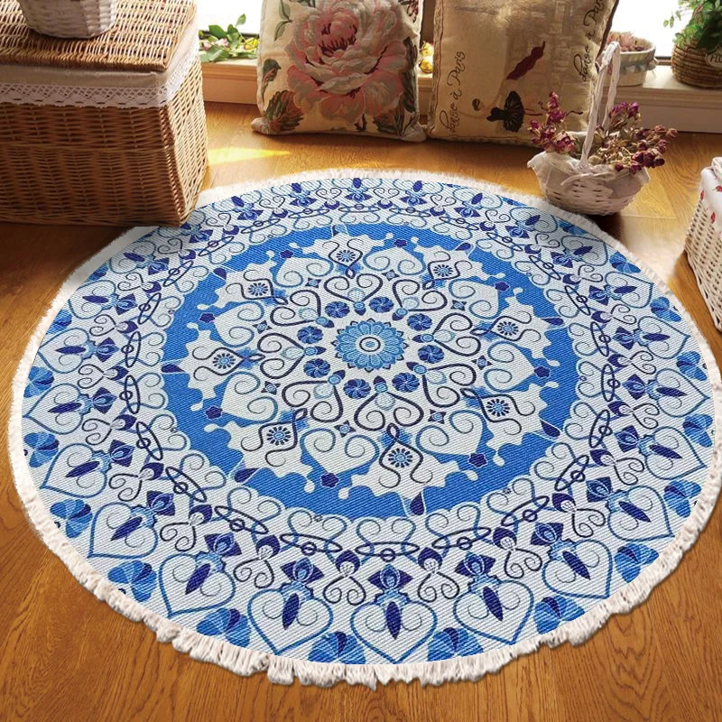 ​Home Decor Retro Bohemian Round Carpet Hand Woven Cotton Linen Carpet Rug Bedside Rug Geometric Floor Mat Living Room Carpet