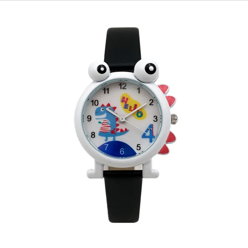 Милые детские часы с динозавром из мультфильма; Милые водонепроницаемые часы для мальчиков; детские наручные часы из натуральной кожи; часы для студентов - Цвет: Черный