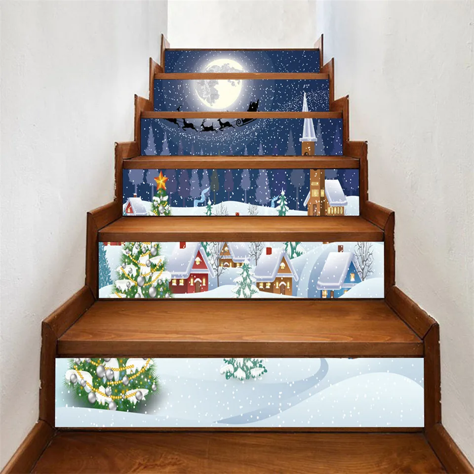 3D Visual Staircase Sticker Christmas Snowman Santa Wallpaper Self Adhesive DIY Wall Mural Removable Stairs Decal for Xmas Decor