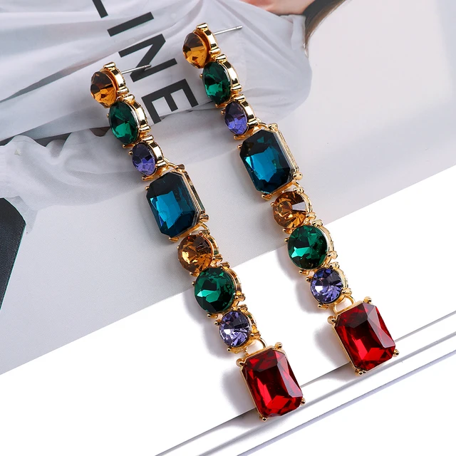 Colorful Geometric Crystal Glass Long Dangle Earrings For Women 2022 Vintage Luxury Pendant Jewelry Party Gift Y2k Accessories 2