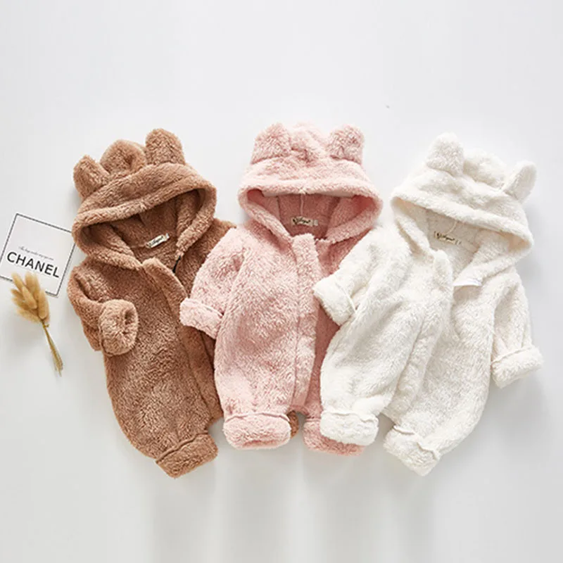 Newborn Baby Romper Girls Boys Winter Cartoon Bear Plush Jumpsuit Cotton Keep Warm Go Out Romper Baby Clothes