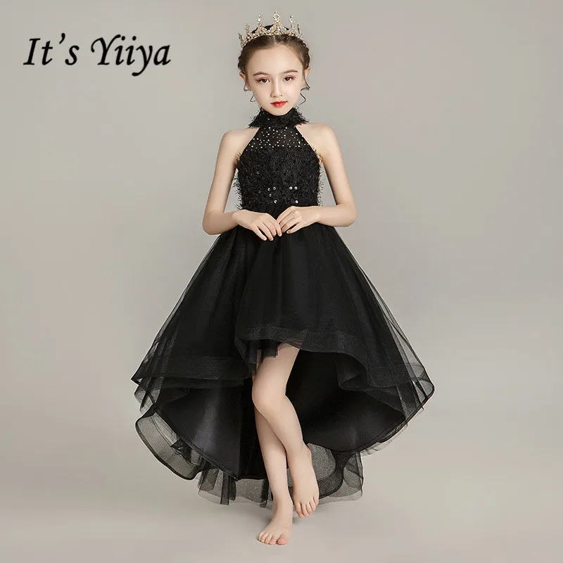 

Black Flower Girl Dresses It's Yiiya B094 Elegant Halter Sleeveless High Low Length Pageant Dress 2020 Tulle Girls Princess Gown
