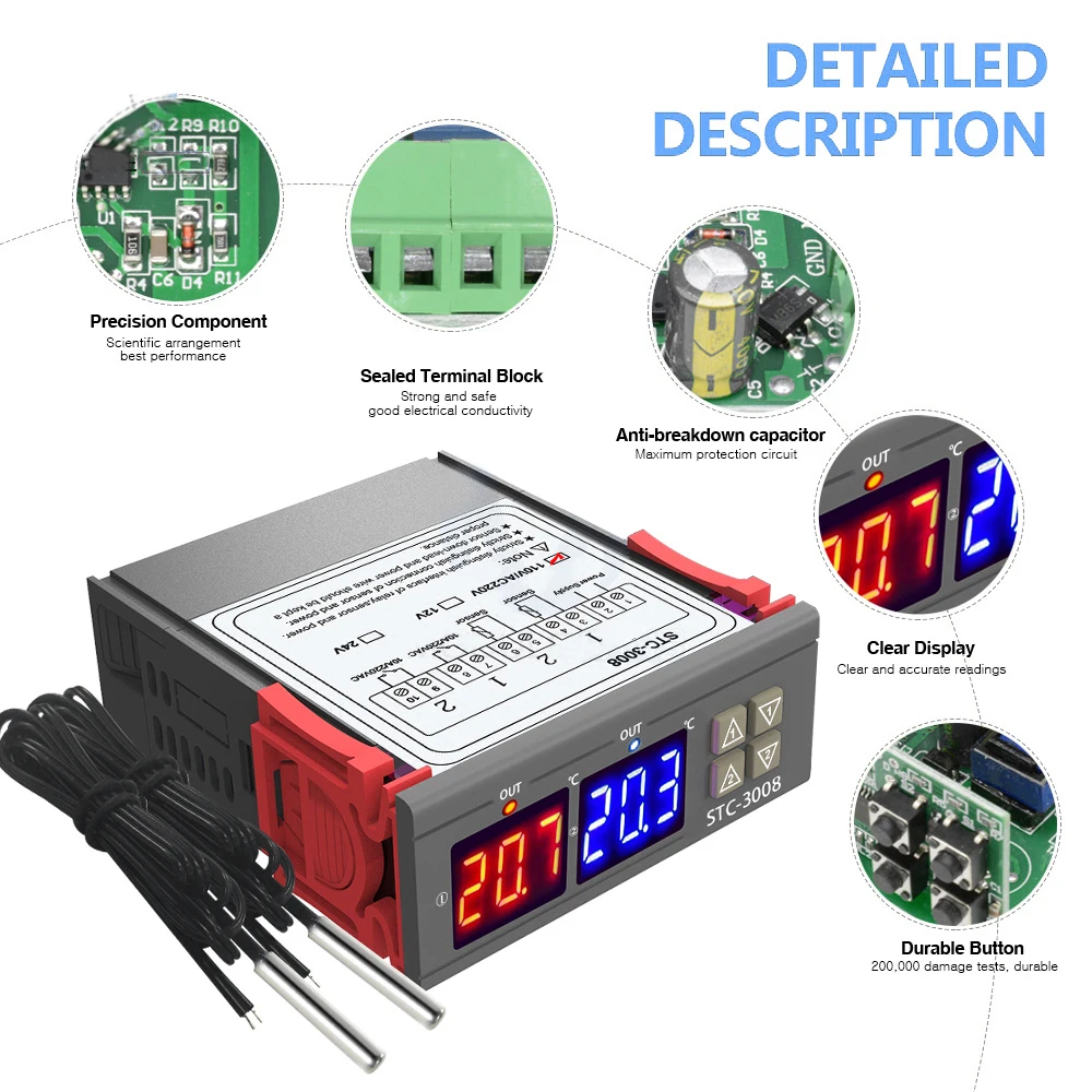 

Dual Digital Display Thermostat Temperature Regulator Temperature Controller with Double NTC Probe Heater Sensor Probe Two Relay