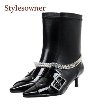 

Metal Pearl Chain Patent Leather Stretch Boots Women Autumn Winter New Fashion Pointed Toe Stiletto Ankle Boots Shiny Shoes
