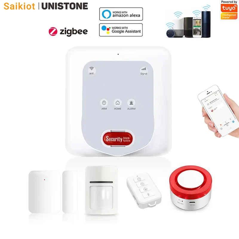 

Saikiot Tuya Smart Wireless WIFI Zigbee Alarm System Home Security Alarm Gateway & Siren 2 in 1 Remote Controll by Mobile