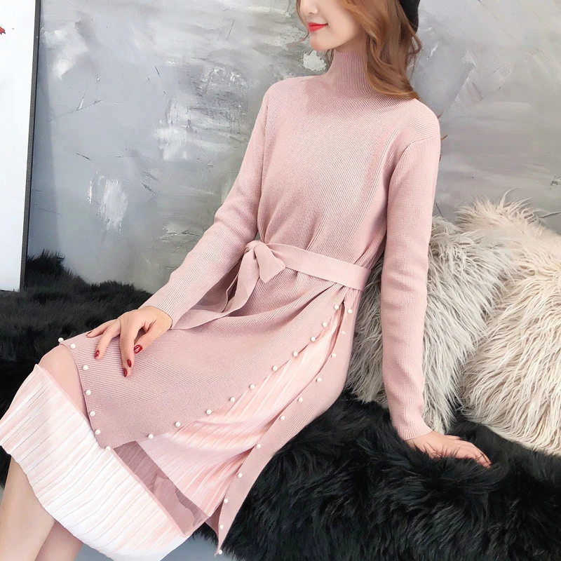 

Solid Long Split White Knitted Blouse with Pearl and Pleated Dress Fall Clothe Autumn Winter 2019 Thick Warm Women Casual Set