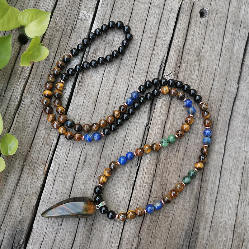 8mm Natural Stone Beads Lapis Tigers Eye Healing JapaMala Sets Spiritual Jewelry Meditation Mala Inspirational 108 Mala Beads mala necklace