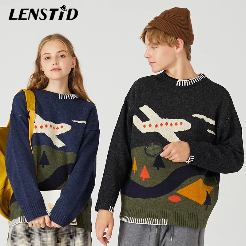 LENSTID Autumn Men Hip Hop Kid Painting Striped Knitted Pullovers Harajuku High Quality Fashion Streetwear Male Vintage Sweaters