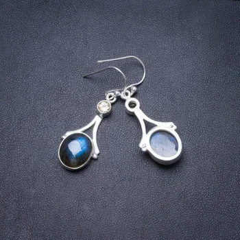 

Natural Blue Fire Labradorite and Citrine Handmade Unique 925 Sterling Silver Earrings 1.5" Y3146