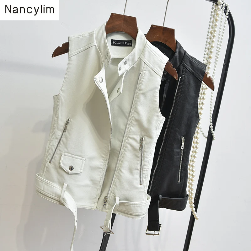 

Spring Autumn Women's Korean PU Locomotive Leather Vest Short Joker Skinny Sleeveless Leather Jacket Coat Students