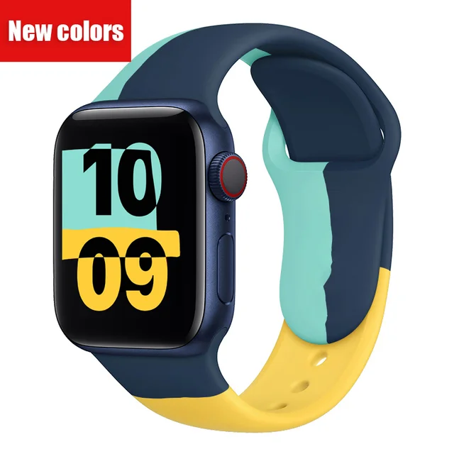 Soft Silicone Black Unity  Band for Apple Watch Series 6 5 4 3 2 SE 38MM 42MM Rubber Watchband Strap for iWatch 6/5 40MM 44MM green and  yellow 5