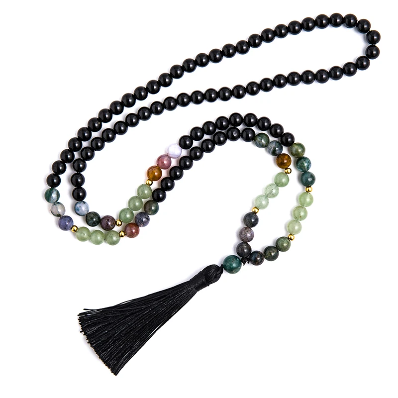 8mm Natural Green Aventurine Indian Agate Black Onyx Beaded Necklace 108 Japa Mala Meditation Yoga Blessing Jewelry Bracelet Set