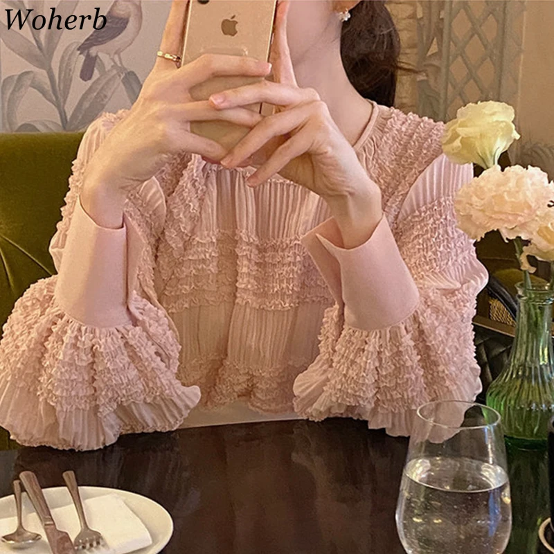 

Woherb Women's Pleated Ruffled Blouse Patchwork Office Lady Lantern Sleeve Womens Tops and Blouses 2020 Spring Summer Top Female