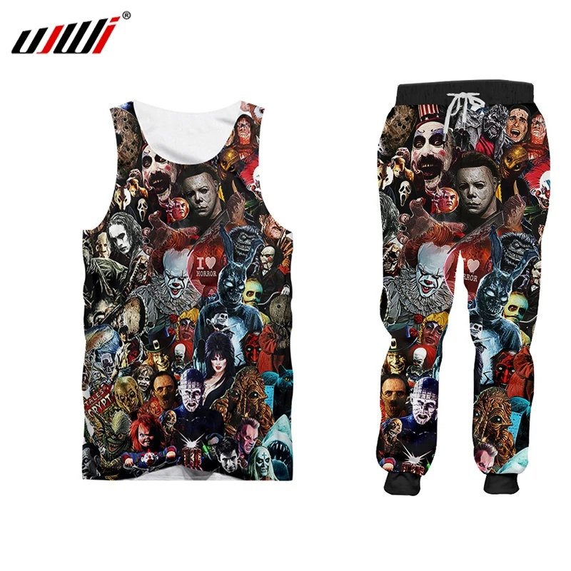 UJWI Man Skull Horror Mask Fashion Streetwear Short Sleeve Vest Men 3D Cardigan Printed Cartoon Fitness Casual Sport Trousers