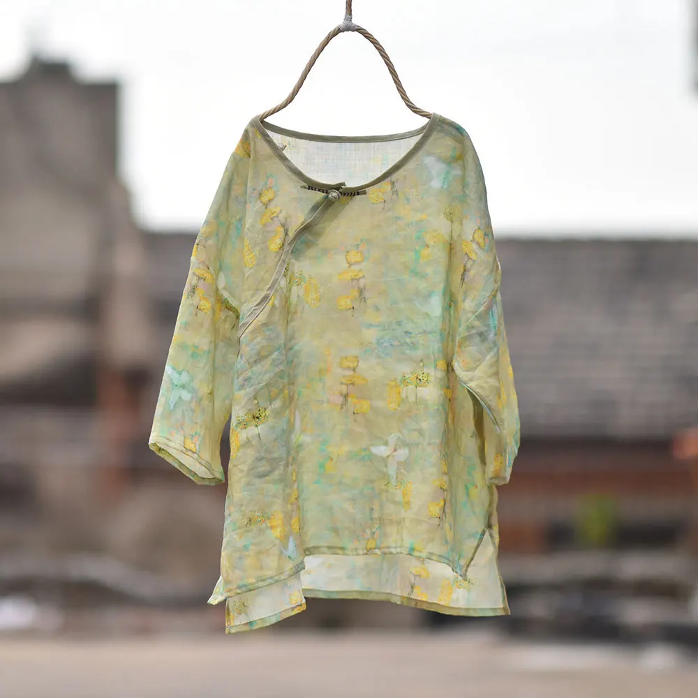 Women Printed Ramie Shirts Tops Ladies Print Ramie Irregular Length Blouse Female 2020 Summer Shirt 4