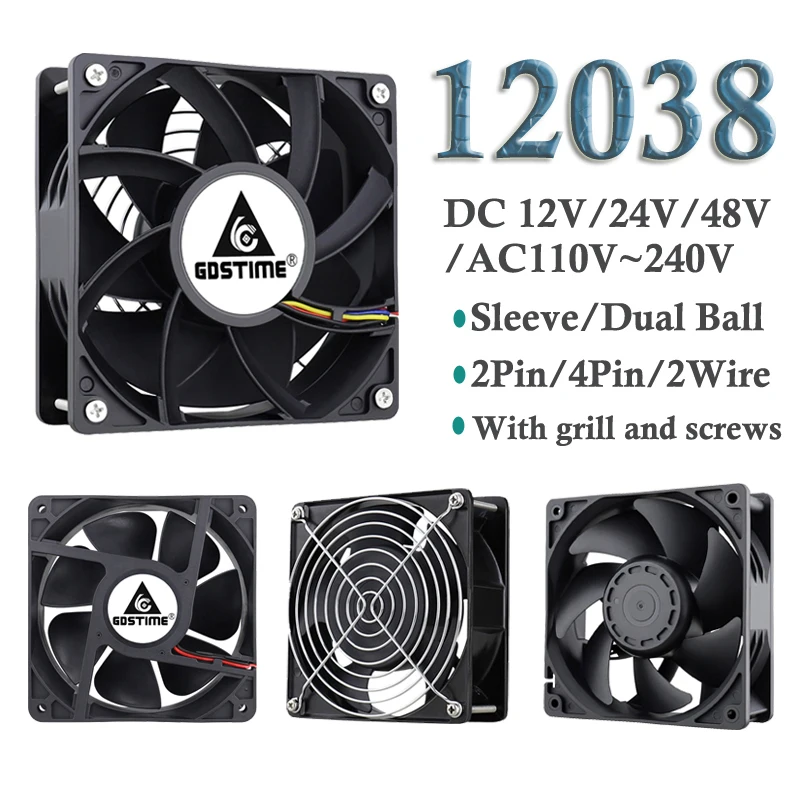 1Pcs Gdstime 120mmx38mm 12V 24V 48V 110V 115V 220V 240V 12038 12cm High Airflow 2Pin 4Pin PWM FG Brushless Computer Cooling Fan |
