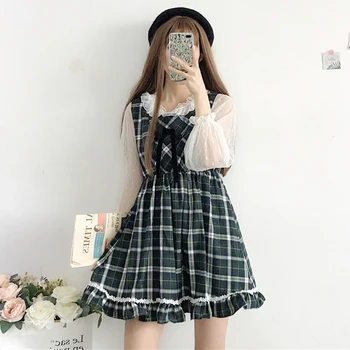 

2019 New spring Japanese Preppy Style Women Kawaii Ruffles Plaid Sleeveless Dress Cute Mesh long sleeve shirt Suit yy127
