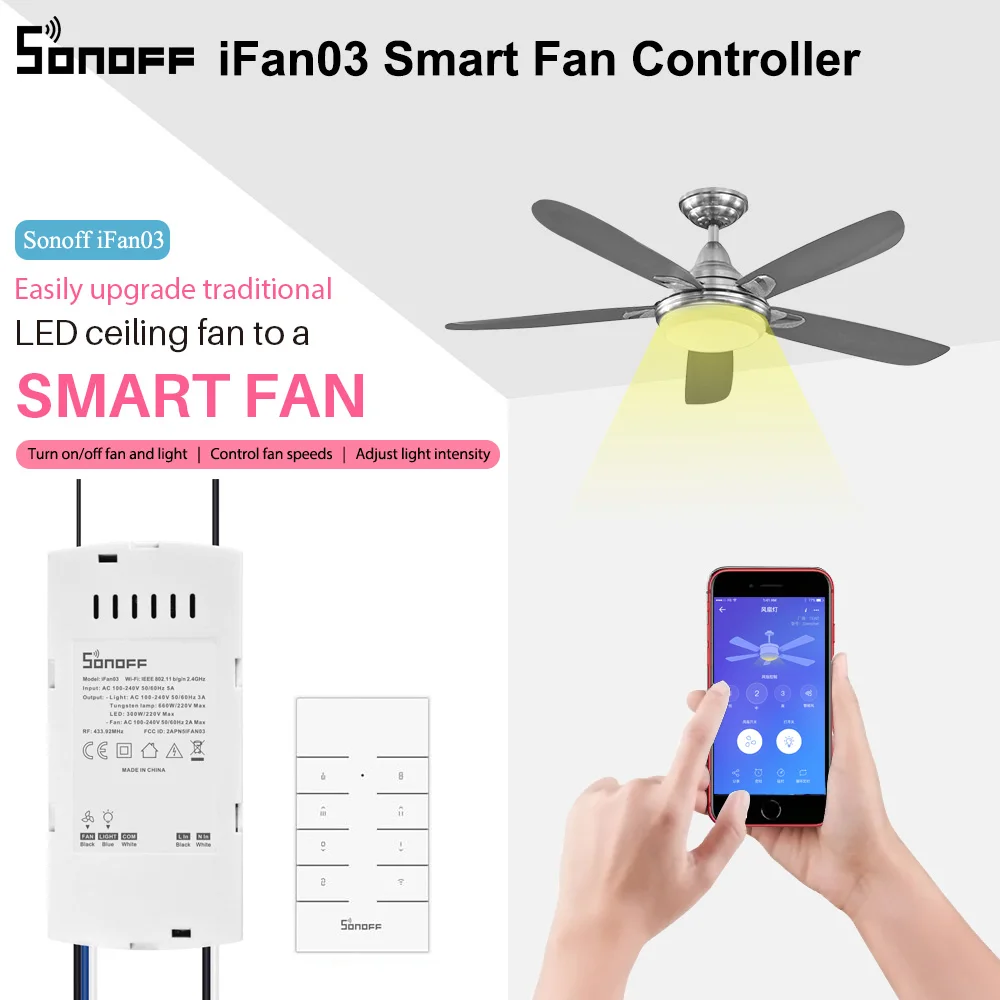 SONOFF Smart WiFi Ceiling Fan&Light Switch Controller iFan03,APP&433MHz RF Remote Control The Switch of Light and Fan Adjust Fan Speed,Timer Function,Works with  Alexa,Google Home,Nest 