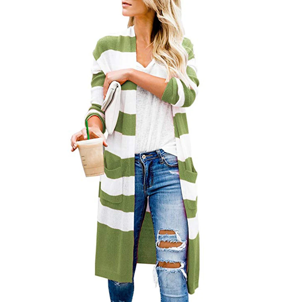 Striped green SHUJIN женский осенний кардиган, пальто с длинными рукавами, Лоскутная Вышивка, многоцветная полосатая куртка, женское длинное пальто, свитер - Цвет: Striped green