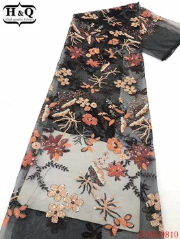 

H&Q newest african black tulle lace fabric 2020 high quality embroidery french lace fabrics with sequins 5 yards/pcs for dresses