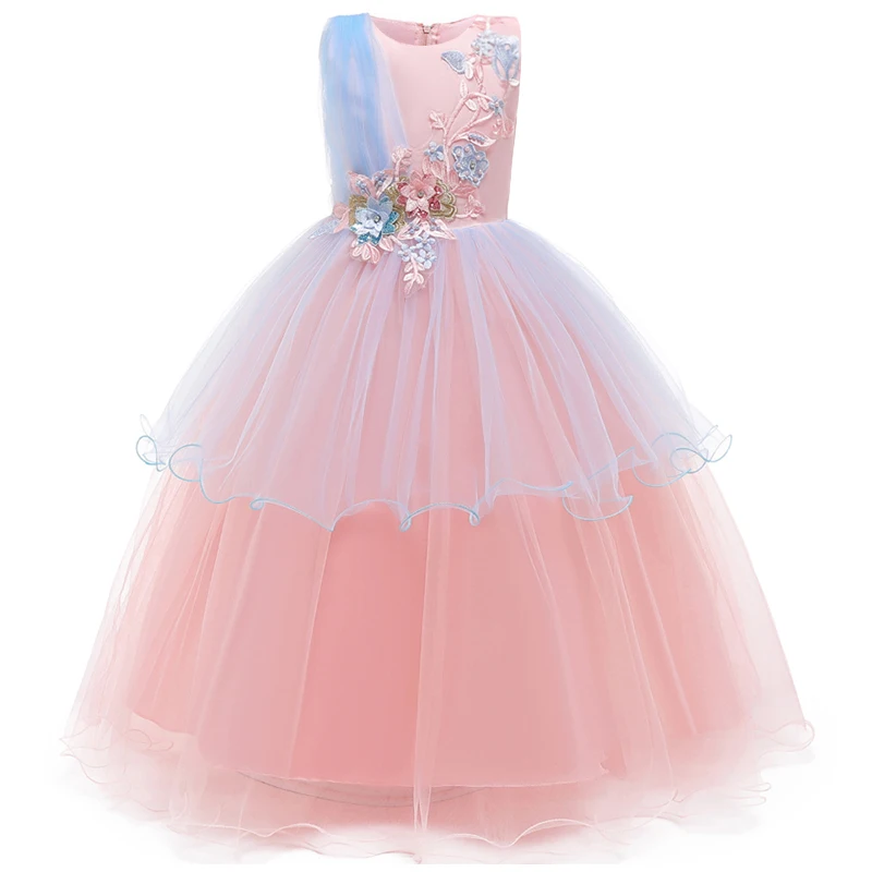 Цветок детская Свадебная вечеринка, платье подружки невесты, детское длинное платье с вышивкой для девочек платье принцессы для праздника вечерние бальные Причастие торжественное платье - Цвет: Pink