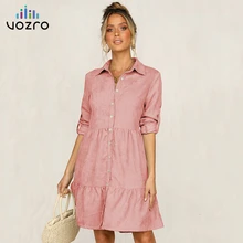 VOZRO, Однорядная рубашка с пряжкой, женское сексуальное зимнее платье с рукавами, однотонное платье с кружевами