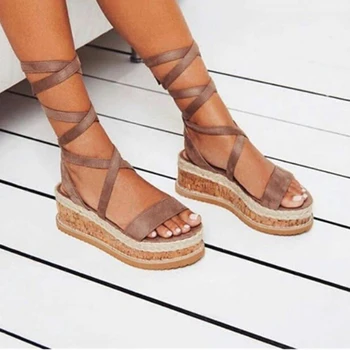 

Summer White Wedge Espadrilles Women Sandals Open Toe Rome Shoes Gladiator Sandals Ladies Casual Lace Up Female Platform Sandals