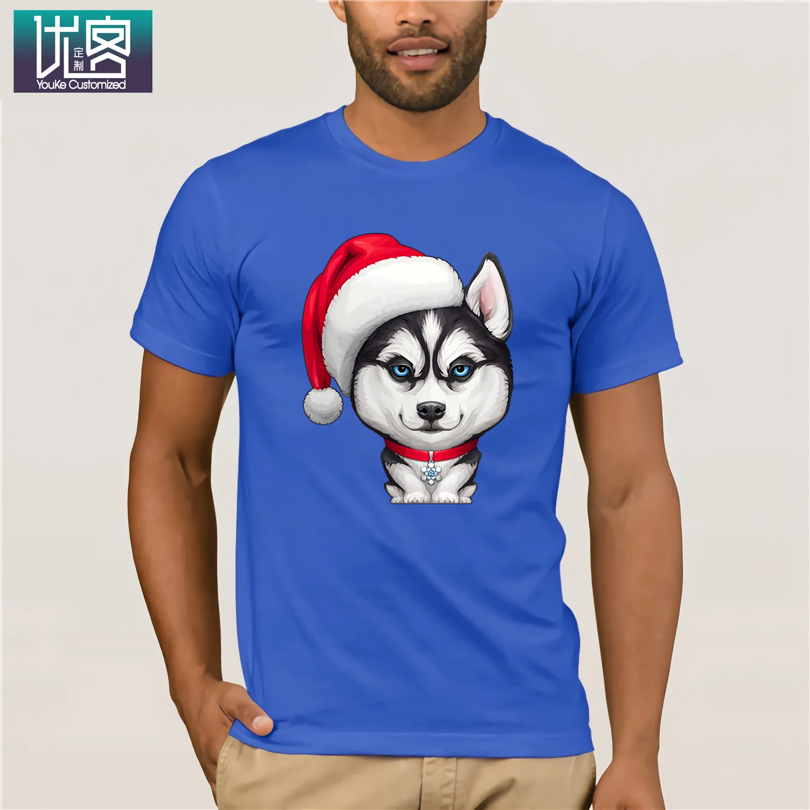 Siberian Husky Wearing A Santa Hat Рождественская футболка удивительные Уникальные повседневные топы с короткими рукавами винтажные с вырезом лодочкой - Цвет: Blue