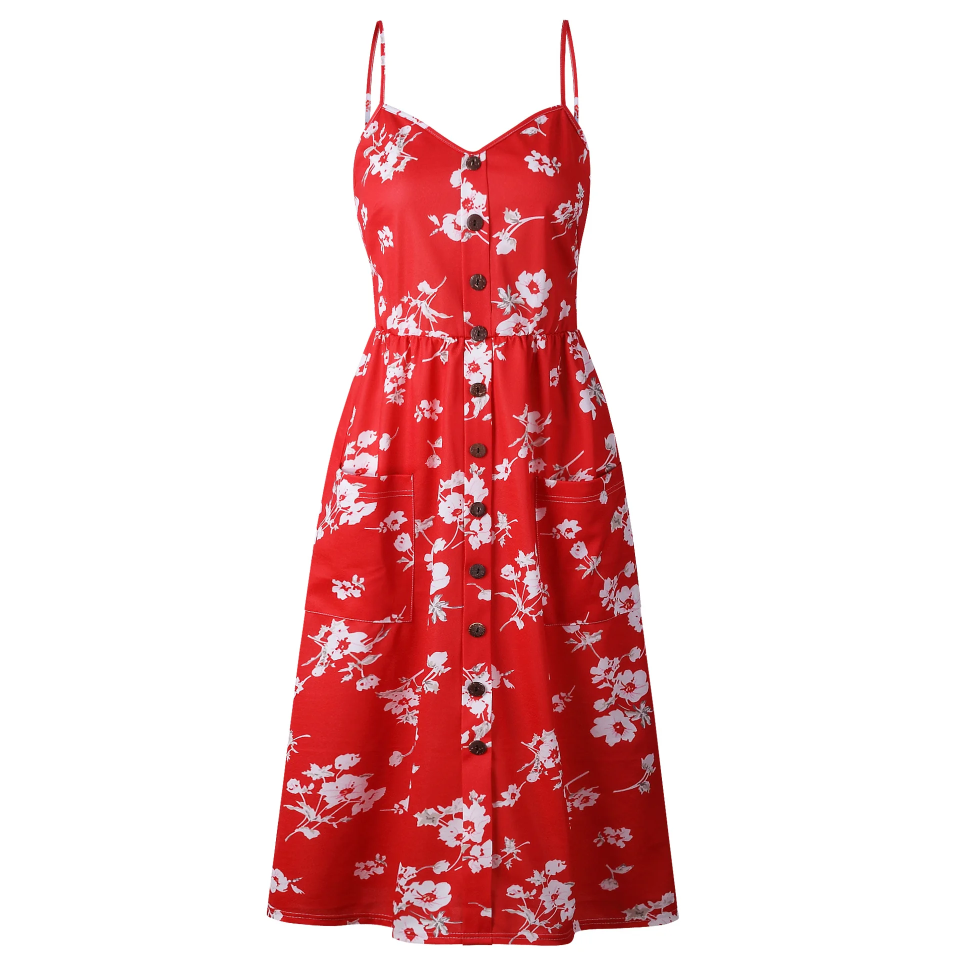 Lossky/повседневное элегантное платье миди на бретелях, сексуальное женское летнее платье без рукавов с карманами на пуговицах, женское пляжное платье размера плюс, Vestidos - Цвет: 0860 red