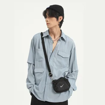 

Men Multi-pocket Removable Long Sleeve Casual Shirt Male Harajuku Streetwear Fashion Hip Hop Cargo Shirts