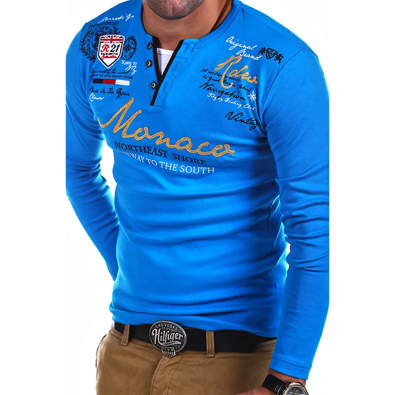 Модные брендовые мужские футболки, летняя хлопковая футболка с длинным рукавом с буквенным принтом, повседневная облегающая футболка для мужчин, топы, футболки - Цвет: Синий