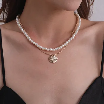 

Elegant Pearl Scallop Alloy Pendant Necklace Female Fashion Simple Handmade Double Layer Necklace Fashion Jewelry