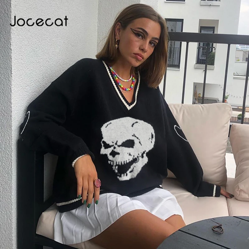 

Jocecat Gray Devil Oversized Knitted Women's Sweater Preppy Style Y2K Jumpers Striped V Neck Casual 90s Pink Pullover Knitwear