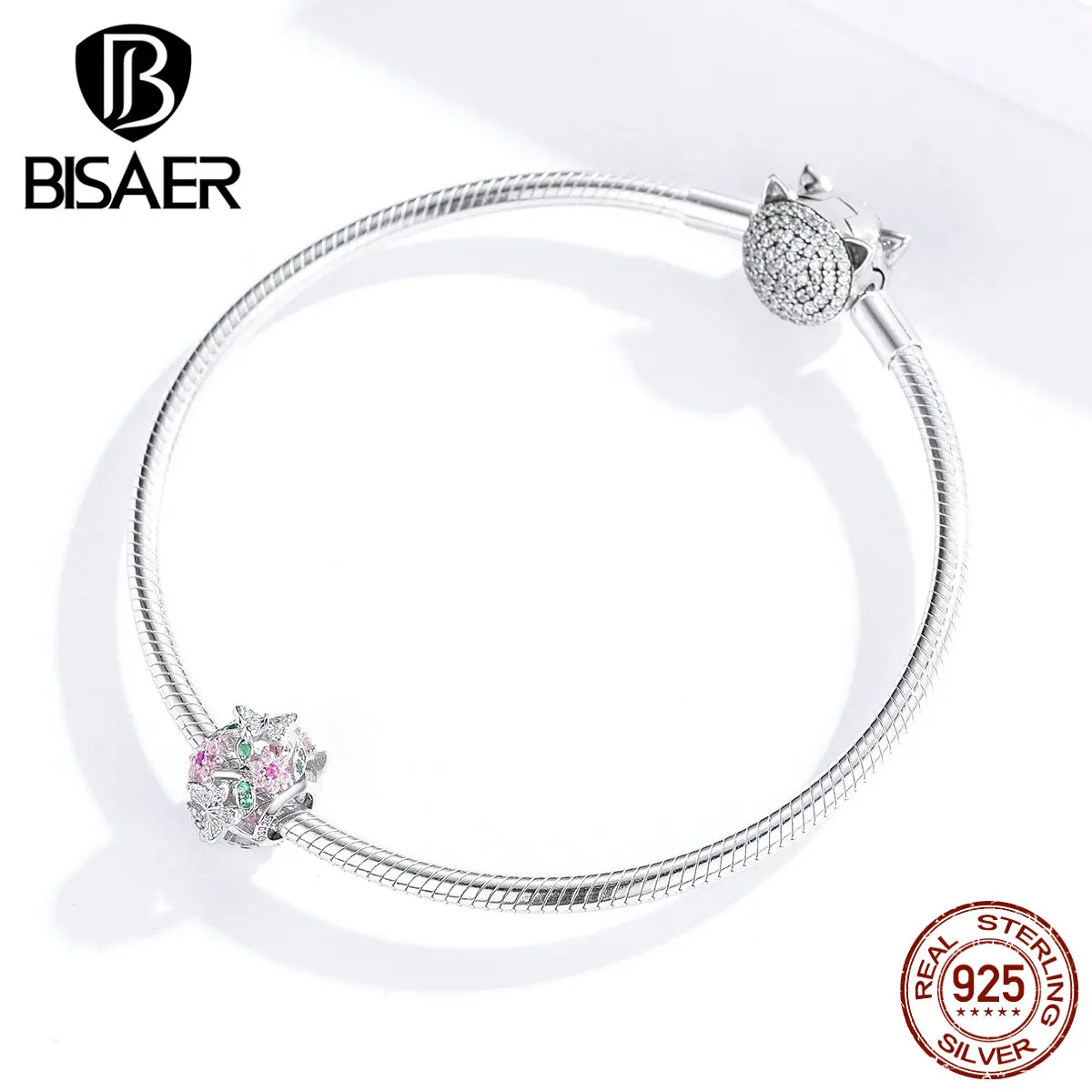 Цветочные бусины BISAER, 925 пробы, серебристые, розовые, розовые цветы, подвески, бусины, подходят для браслетов, серебро 925, изготовление ювелирных изделий EFC116