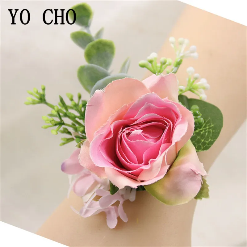 

YO CHO Artificial Silk Rose Groom Man Boutonniere Bridal Girl Wrist Bracelet Corsage Sister Hand Flores Wedding Party Suit Decor