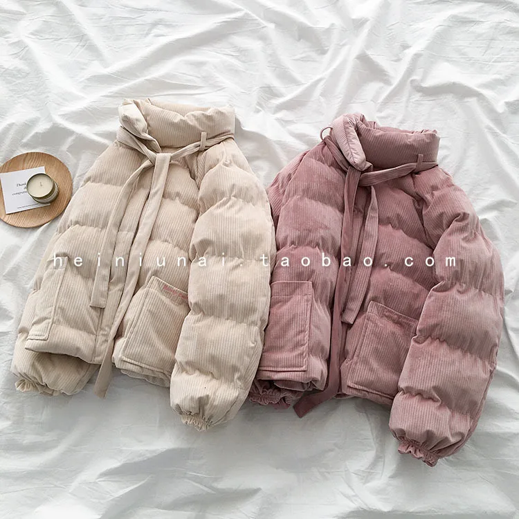 Вельветовое винтажное зимнее пальто для женщин, повседневное, стоячий воротник, длинный рукав, розовый, абрикосовый цвет, утепленная парка