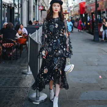 

XITAO Vintage Printed Chiffon Dress Women Korean Style Perspective Long Sleeves Black Floral Dress Women Elegant Wild DMY4562