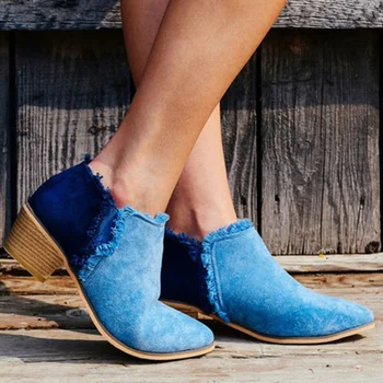 

Winter Women Boots Canvas Faux Suede Slim Ankle Point Toe Platform Antiskid Bottom High Thick Heels Ladies Shoes Zapatos Mujer