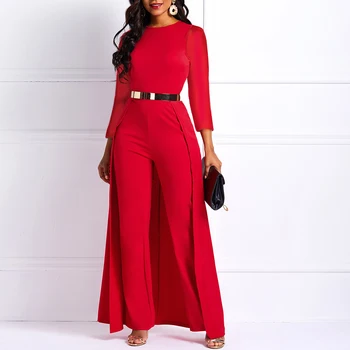 

Long Sleeve Plus Size High Waist Straight Plain Jumpsuit Women Elegant Formal Party Swallowtail Slim Ladies Wide Leg Jumpsuits
