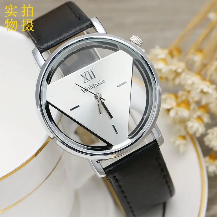 

Trend Retro Triangular Watch South Korea Cool Stylish Two-Sided Hollow out BOY'S And GIRL'S Leather Strap Watch Versatile Quartz