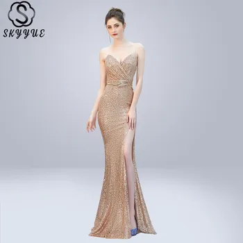 

Skyyue Evening Dress Sleeveless Robe De Soiree Zipper Sequin Women Party Dresses 2019 Plus Size Sling V-neck Formal Gowns C280
