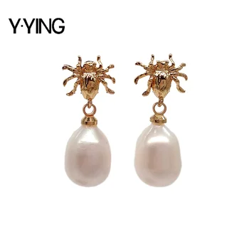 

Y·YING Cultured White Rice Pearl Gold color Plated Spider Stud Earrings for owmen