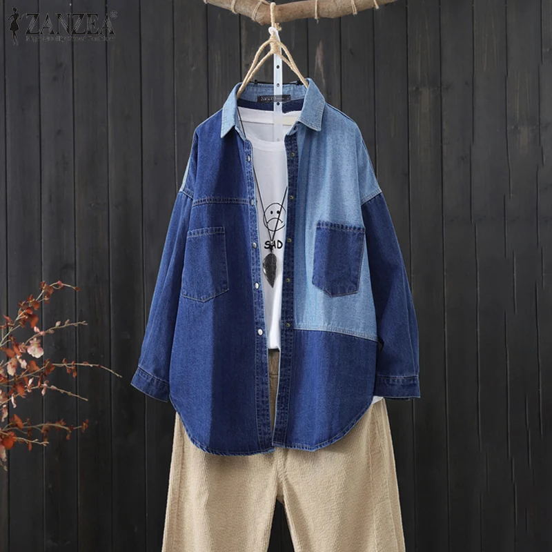 ZANZEA, женские топы больших размеров, Blusas, Осенние Лоскутные Джинсовые синие блузки, свободные туники с длинным рукавом, повседневные рубашки на пуговицах