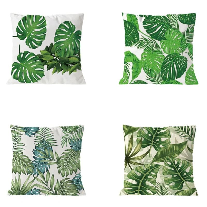 

4Pcs Plant Cushion Cover Tropic Tree Green Throw Pillow Cover Palm Leaf Decorative Pillows Flower Cushion Cover 45x45Cm