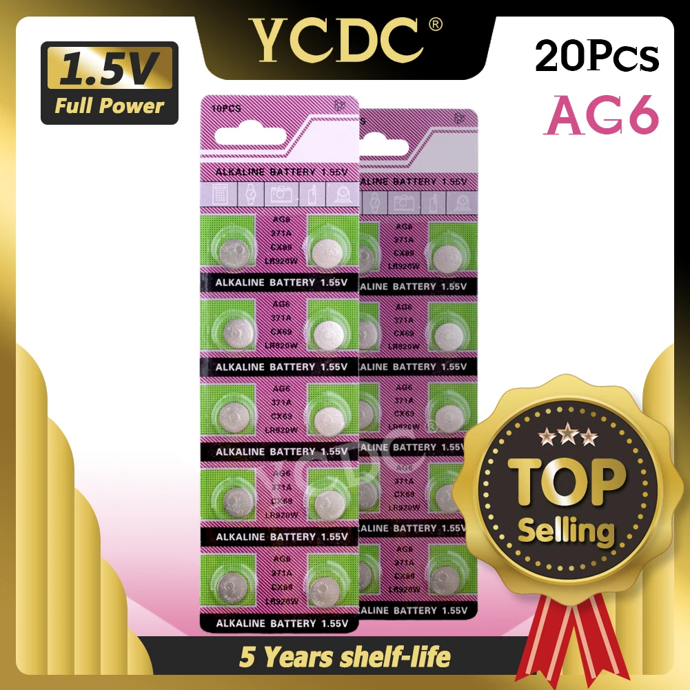 20 piezas AG6 1,55 V botón células monedas AG6 batería baterías alcalinas SR920SW SR69 SR921 SB-AN 280-31 V371 D371 605 S921E GP371